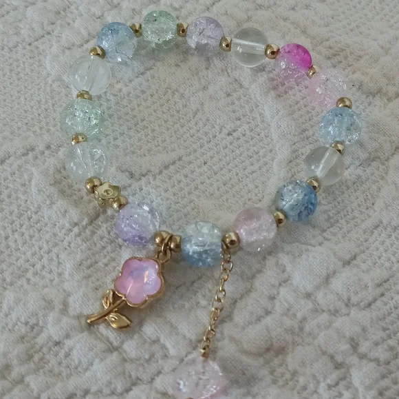 Sparkling Teal Beaded Charm Bracelet Set Blue Pink Flower Butterfly Cute Fairy - Picture 7 of 9